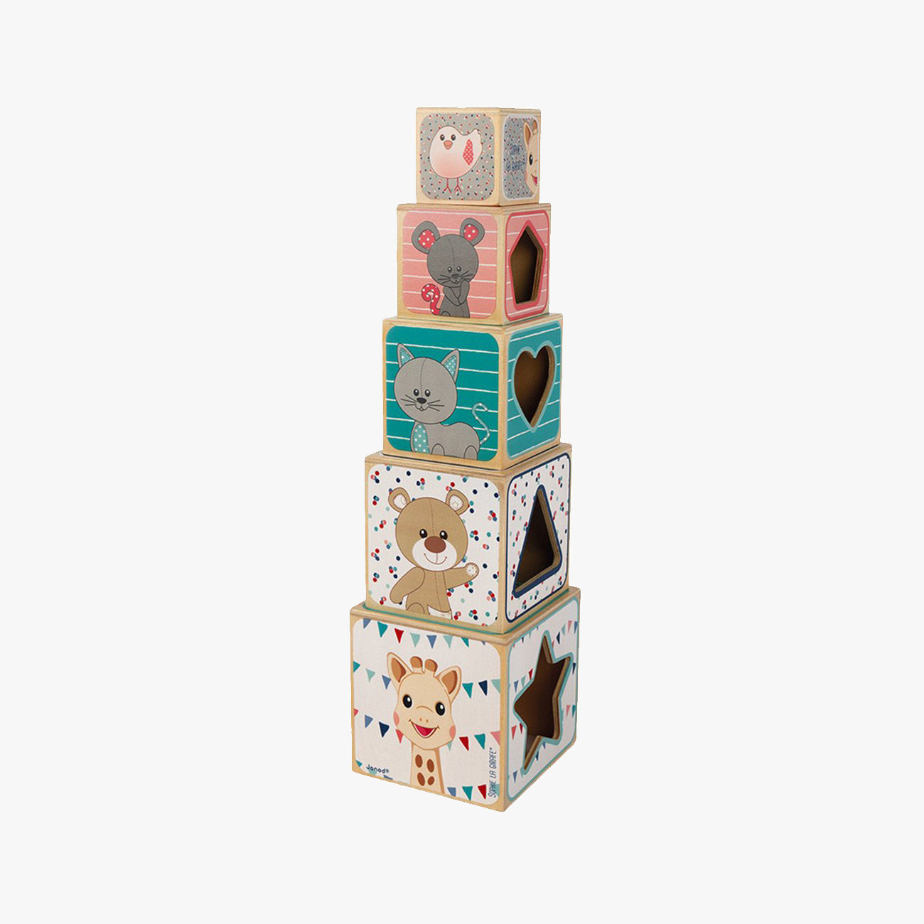 Cuburi de Stivuit Sophie La Girafe cu Forme, Din Lemn, 12 Luni+, Janod
